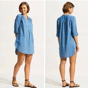 Seafolly Boyfriend Beach Swim Coverup  Dress Chambray Roll Sleeves Sz S Pockets